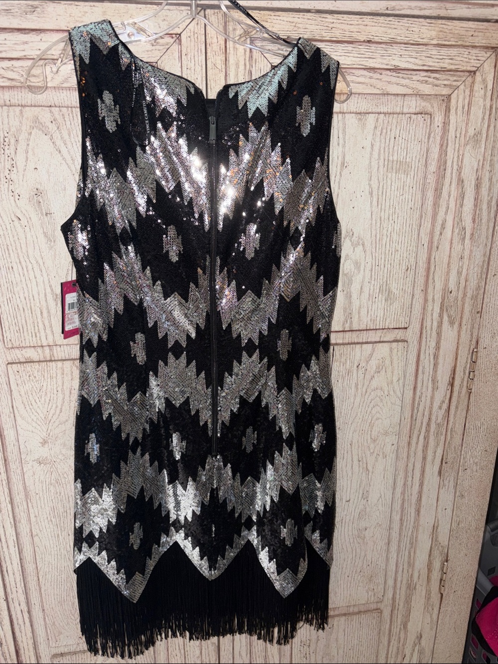 Vince Camuto Black and silver Sequin Cocktail dress with fringe bottom. NWT - Picture 5 of 8